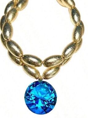 Gold Beaded Necklace with Blue Crystal Pendant
